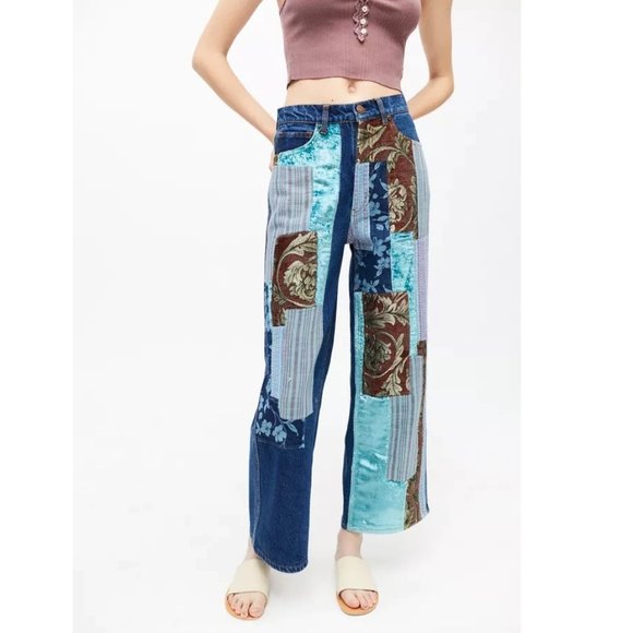 BDG Patchwork Velvet Jacquard High Waisted Wide Leg Blue Jeans - Picture 2 of 15